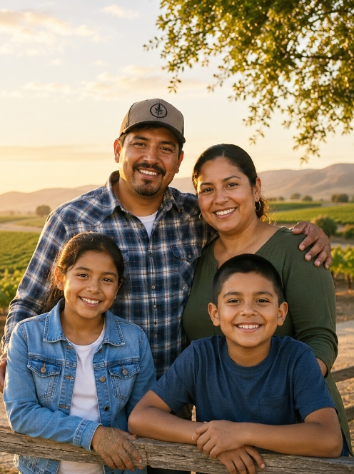 A farmworker family standing together at sunset in front of a Central Valley vineyard